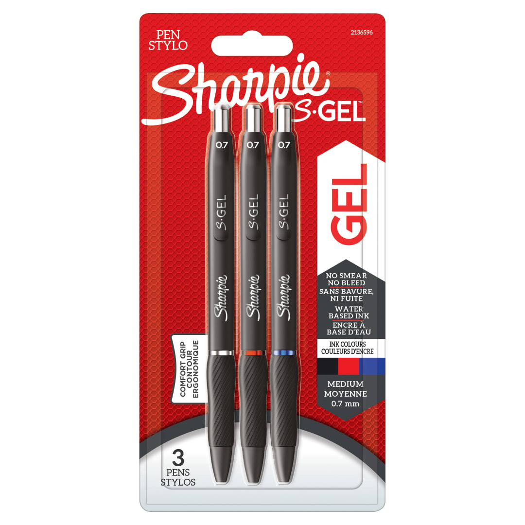 Sharpie S-Gel | Bolígrafos de gel | Punta mediana (0,7 mm) | Tinta negraroja y azul | 3 unidades