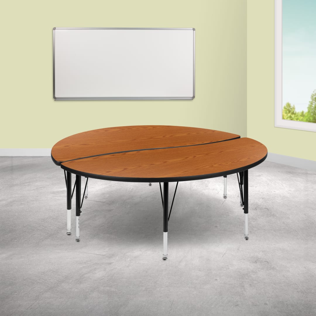 Emmy 2 Piece Emmy 60" Circle Wave Flexible Oak Thermal Laminate Activity Table Set - Height Adjustable Short Legs