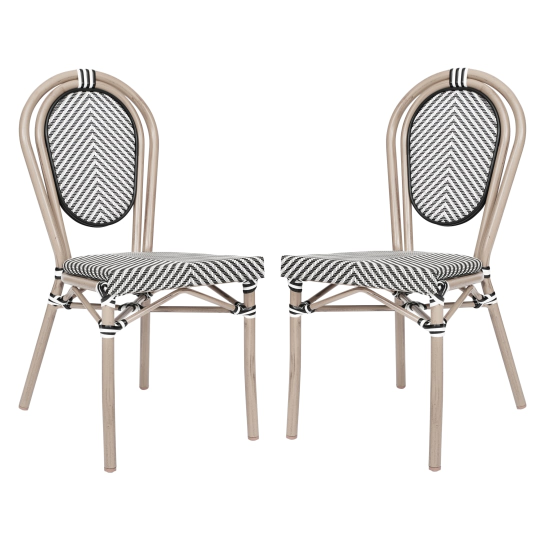 2 Pack Marseille Indoor/Outdoor Commercial Thonet Bistro Stacking Chair, Black/White Textilene and Bamboo Print Aluminum Frame in LT Natural