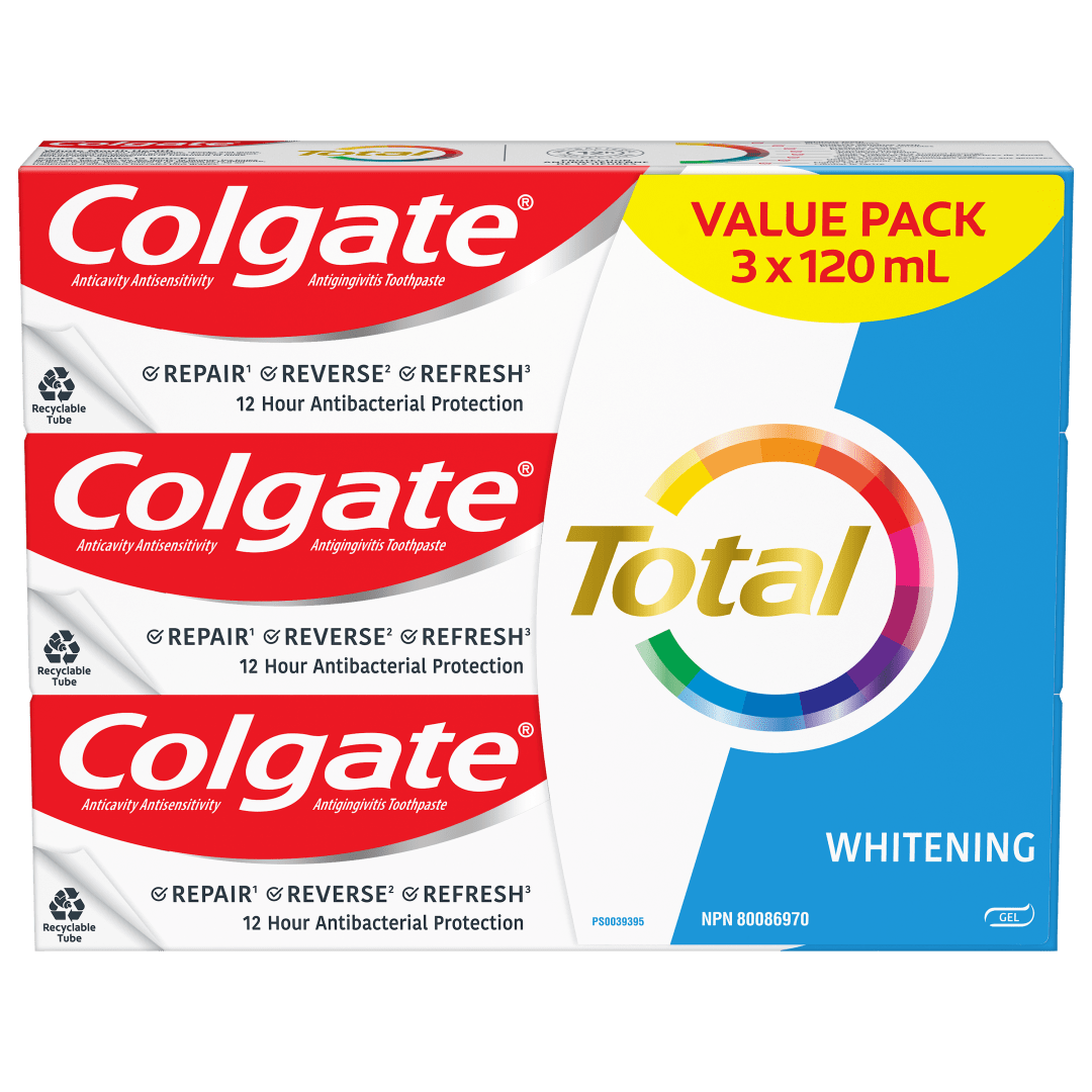 Colgate Total Whitening Toothpaste Gel, Multi-Benefit Teeth Whitening Toothpaste That Whitens Teeth, Freshens Breath & Protects Sensitive Teeth, 120 mL, 3 Pack