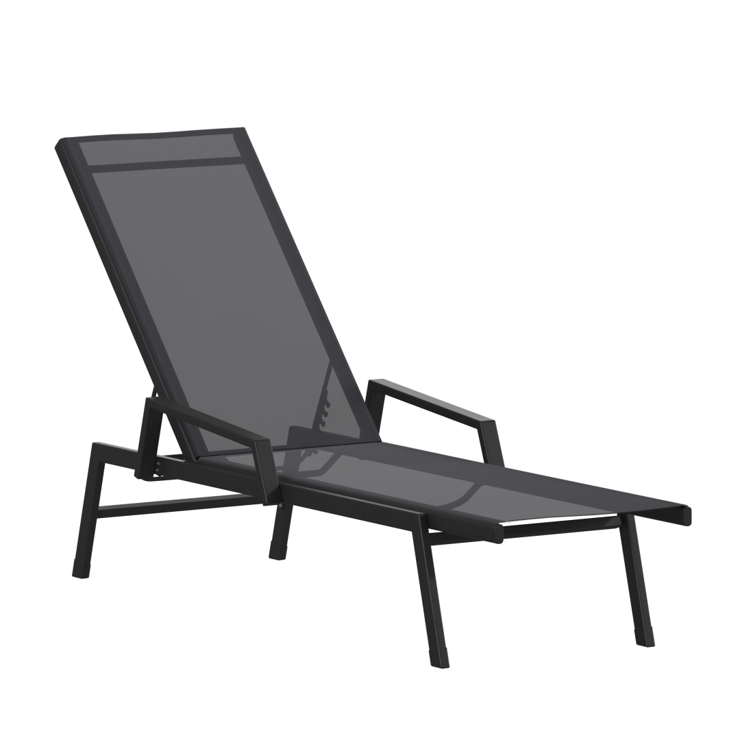Brazos Adjustable Chaise Lounge Chair with Arms, All-Weather Outdoor Five-Position Recliner, Black/Black