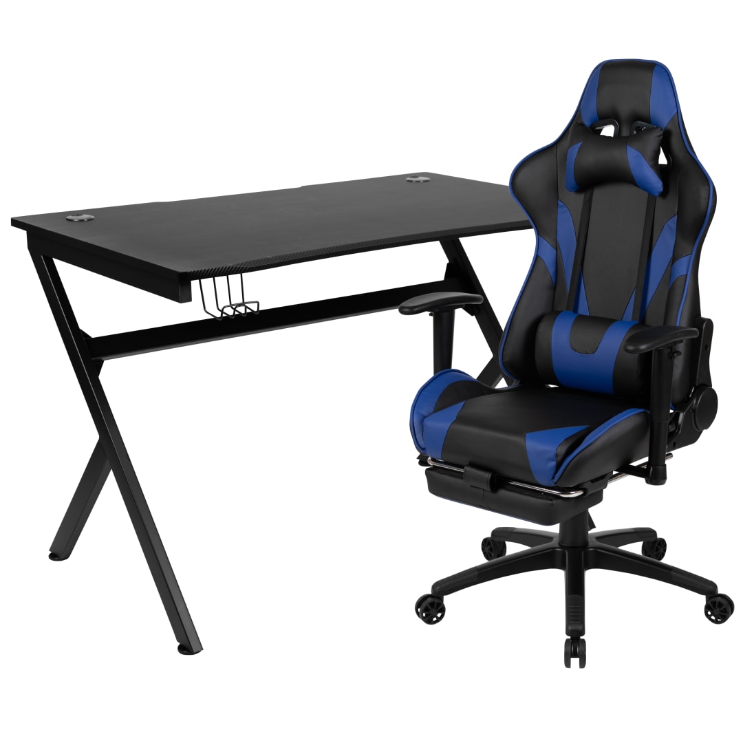 Optis Black Gaming Desk and Blue Footrest Reclining Gaming Chair Set with Cup Holder, Headphone Hook &amp; 2 Wire Management Holes