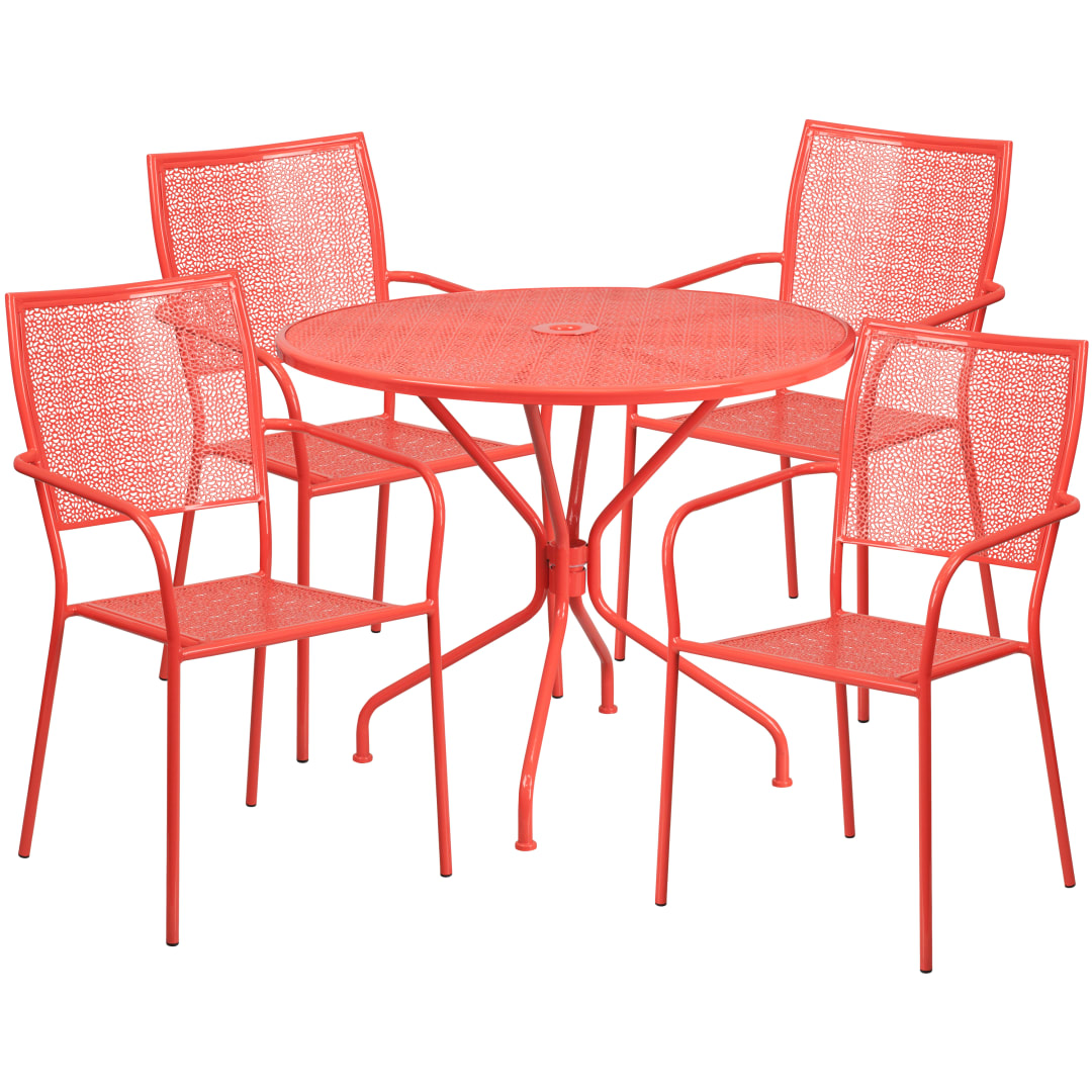 Oia Commercial Grade 35.25" Round Coral Indoor-Outdoor Steel Patio Table Set with 4 Square Back Chairs