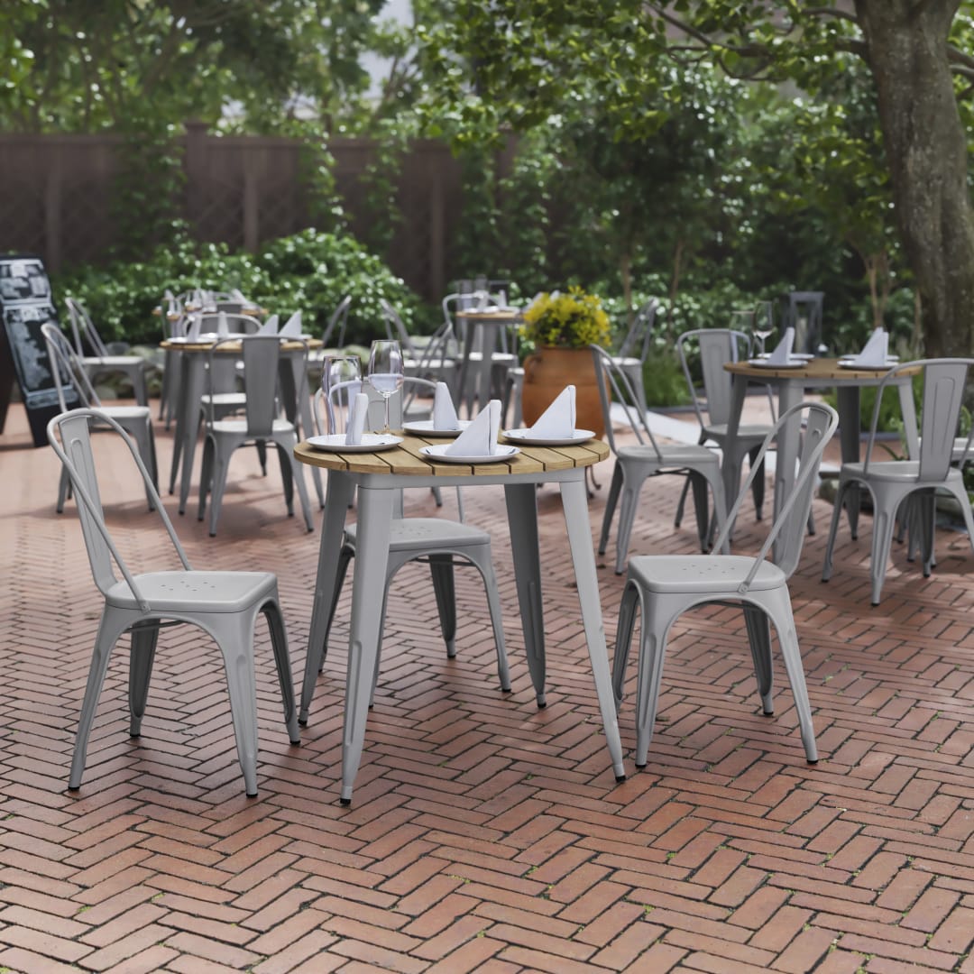 Declan Commercial Grade Indoor/Outdoor Dining Table, 30" Round All Weather Brown Poly Resin Top with Silver Steel Base