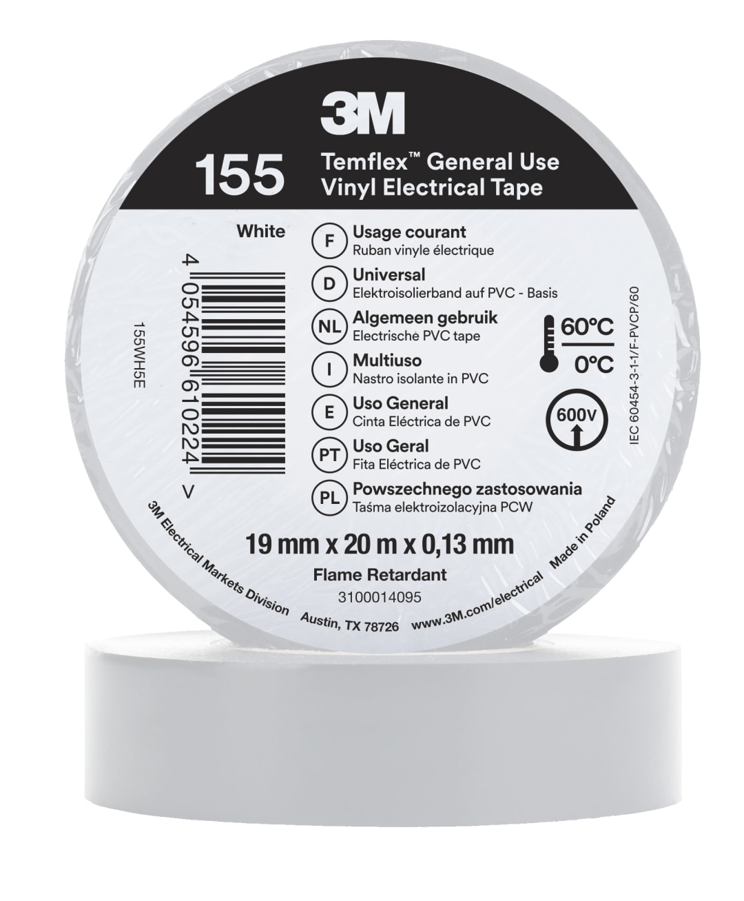 3M™ Temflex™ Vinyl Electrical Tape 155, White, 19 mm x 20 m, 100 Rolls/Case