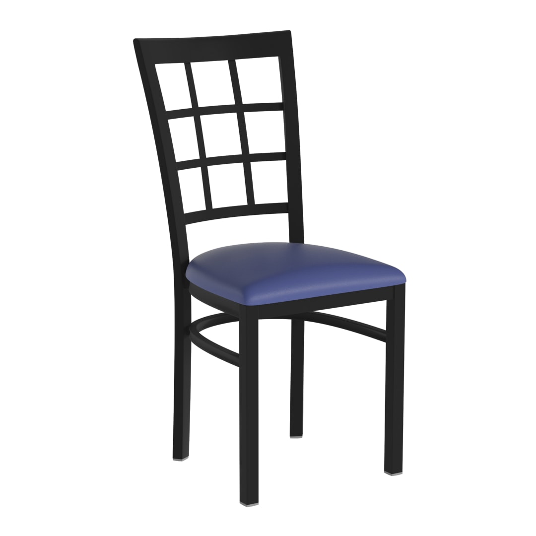 HERCULES Black Window Back Metal Restaurant Chair - Blue Vinyl Seat