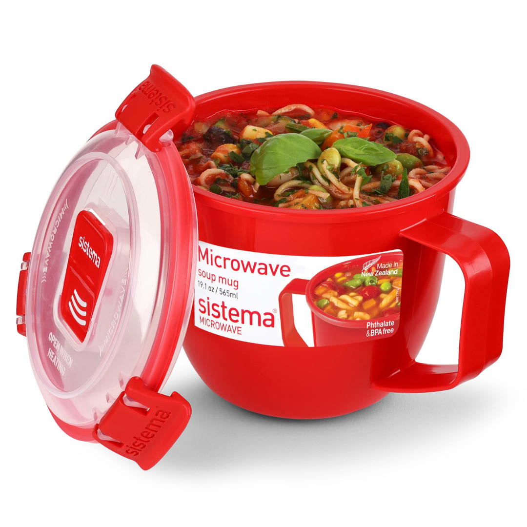 Sistema Microwave Small Soup Mug | Microwave Food Container | 565 ml | BPA-Free | Red/Clear