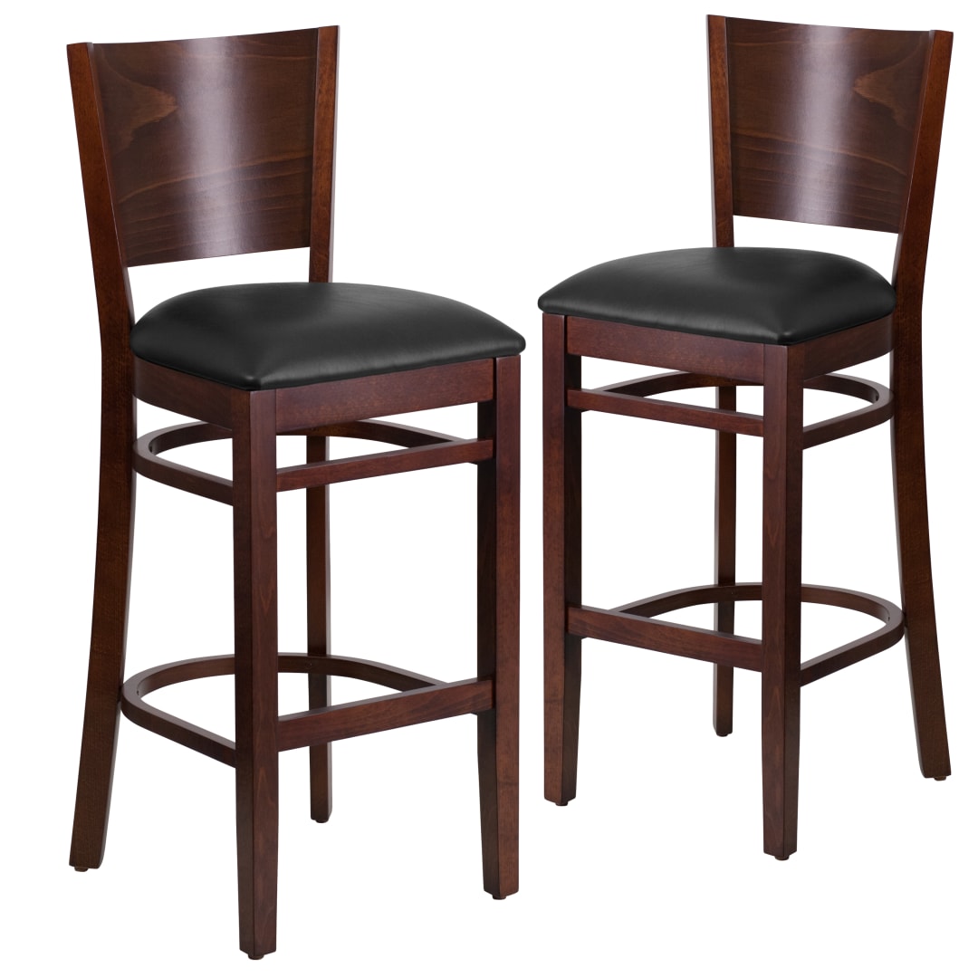 2 Pk. Lacey Series Solid Back Walnut Wood Restaurant Barstool - Black Vinyl Seat