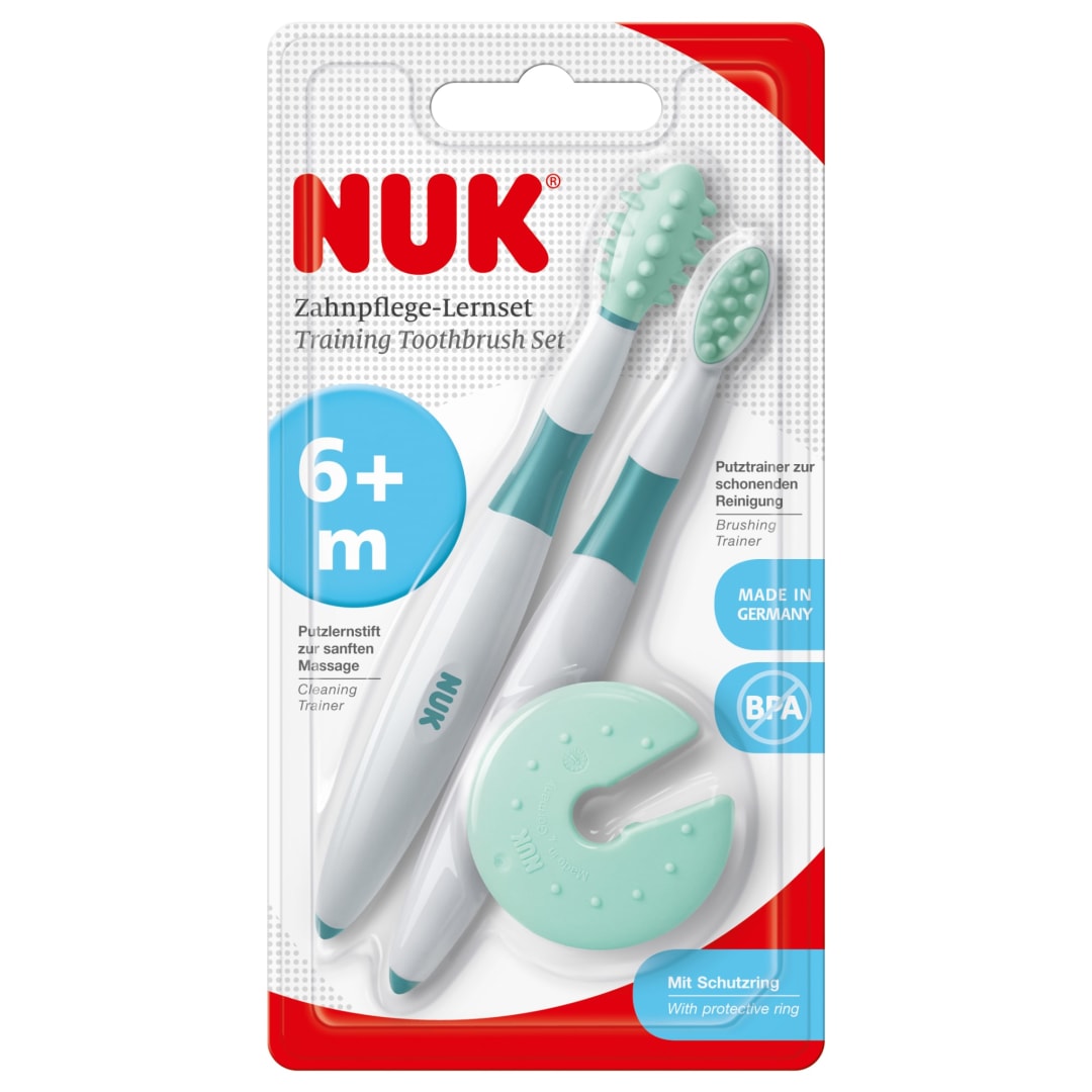 NUK® Zahnpflege Lernset, 2-teilig, Putzlernstift und Putztrainer inklusive Schutzring