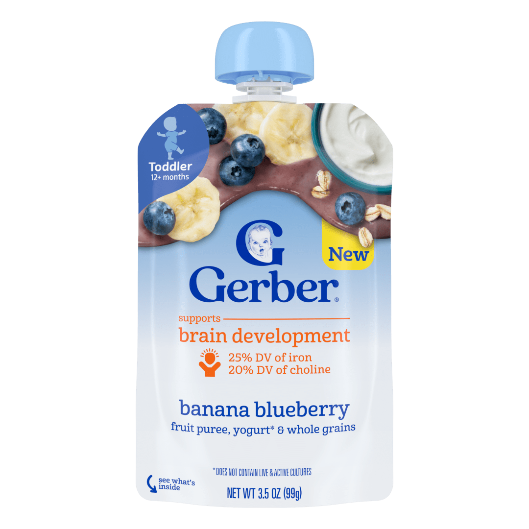 Gerber Toddler Food, Banana Blueberry, Fruit Puree, Yogurt & Whole Grains Pouches