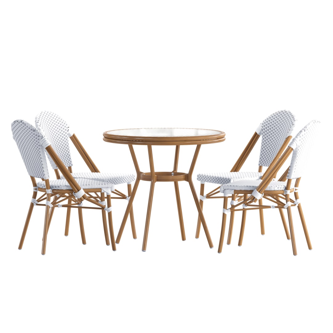 Lourdes Indoor/Outdoor Commercial Bistro 31.5" Table, White and Gray PE Rattan, Glass Top with 4 Stack Chairs - Natural Frame