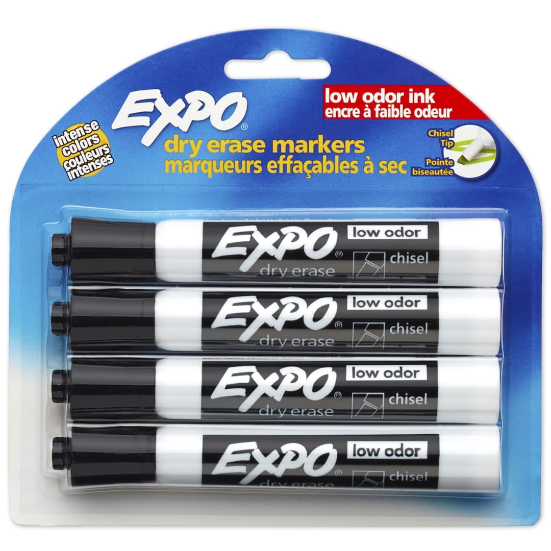 EXPO® Low Odor Dry Erase Markers, Chisel Tip, Black, 4 Count