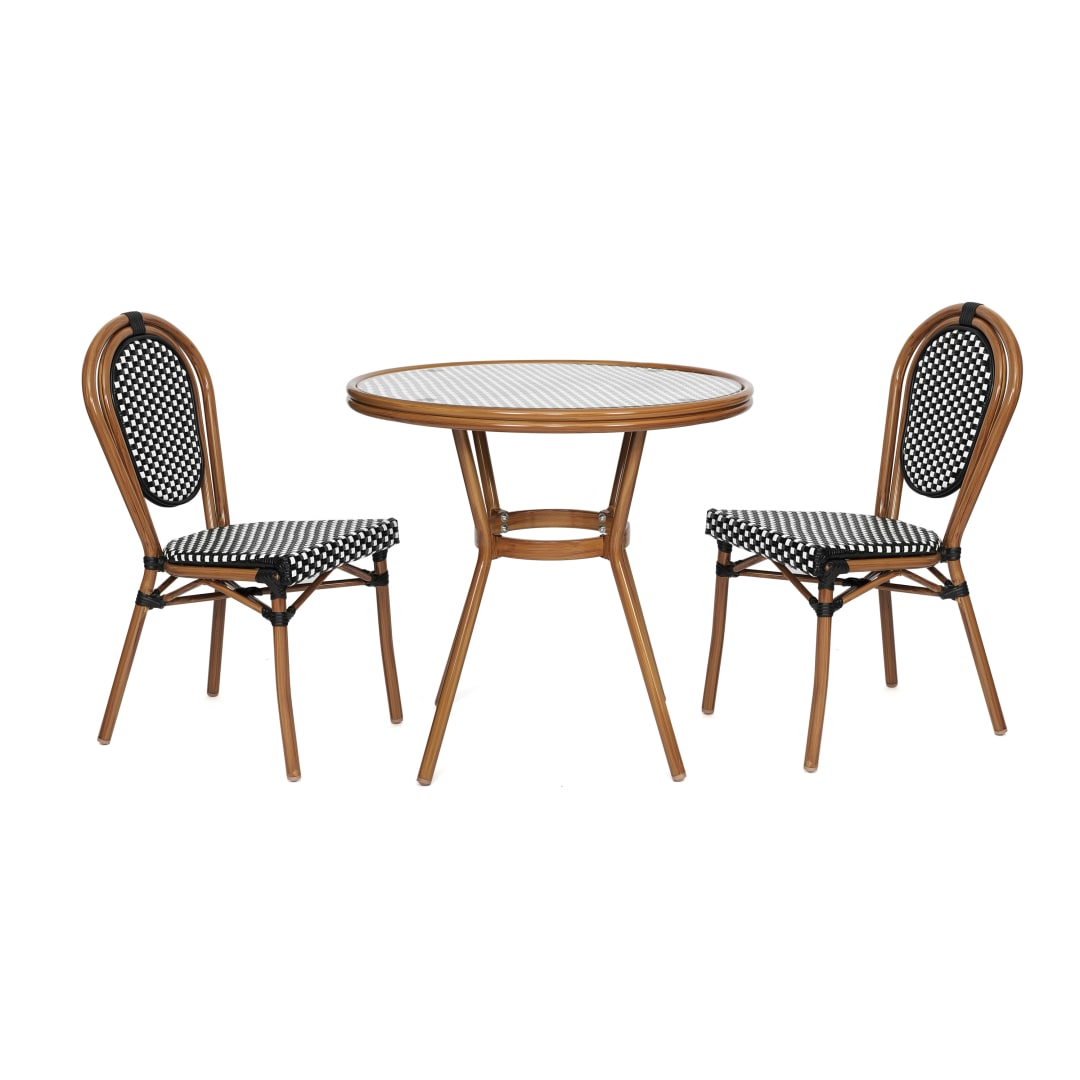 Lourdes Indoor/Outdoor Commercial Bistro 31.5" Table, Black and White PE Rattan, Glass Top with 2 Stack Chairs