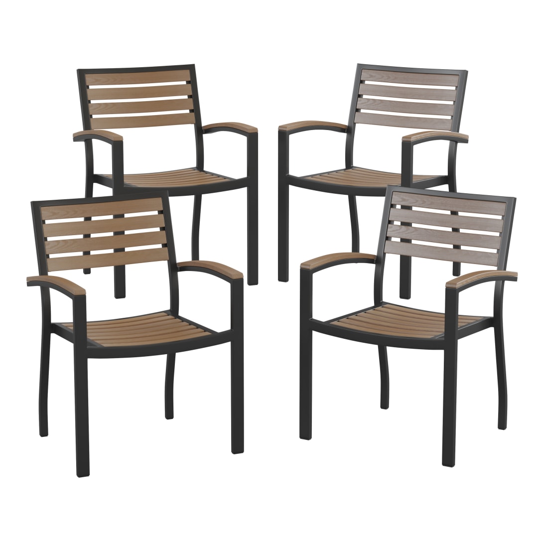 Lark Outdoor Stackable Faux Teak Side Chair - Commercial Grade Black Aluminum Patio Chair with Synthetic Teak Slats - Set of 4