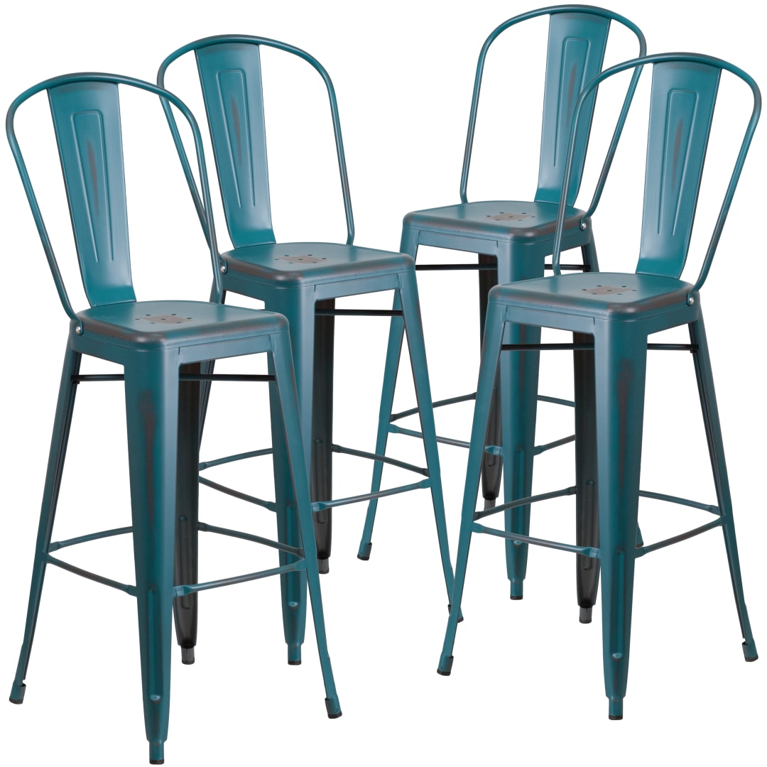 Blake Commercial Grade 4 Pack 30" High Distressed Kelly Blue-Teal Metal Indoor-Outdoor Barstool with Back