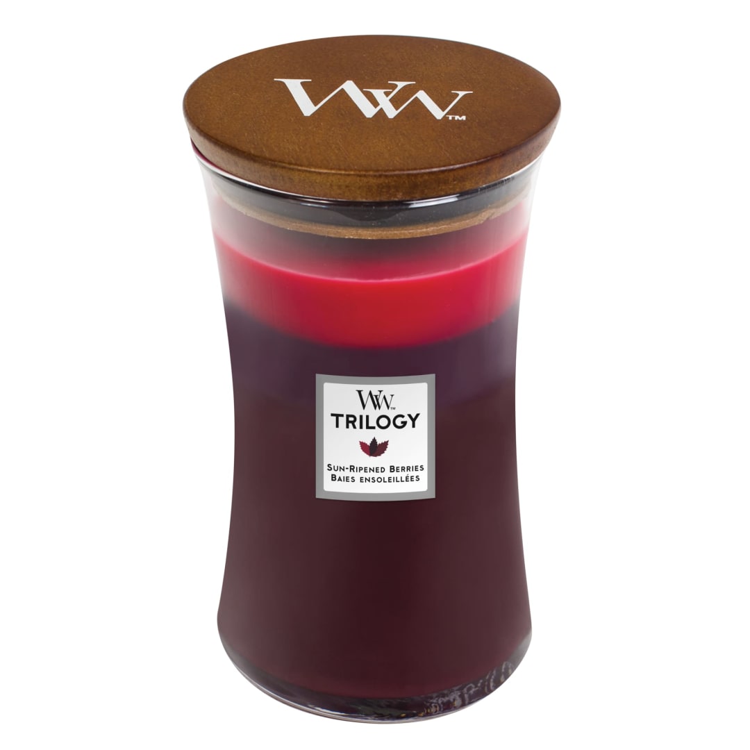 WoodWick® Large Hourglass Trilogy Scented Candle | Sun Ripened Berries | with Crackling Wick | Burn Time: Up to 130 Hours