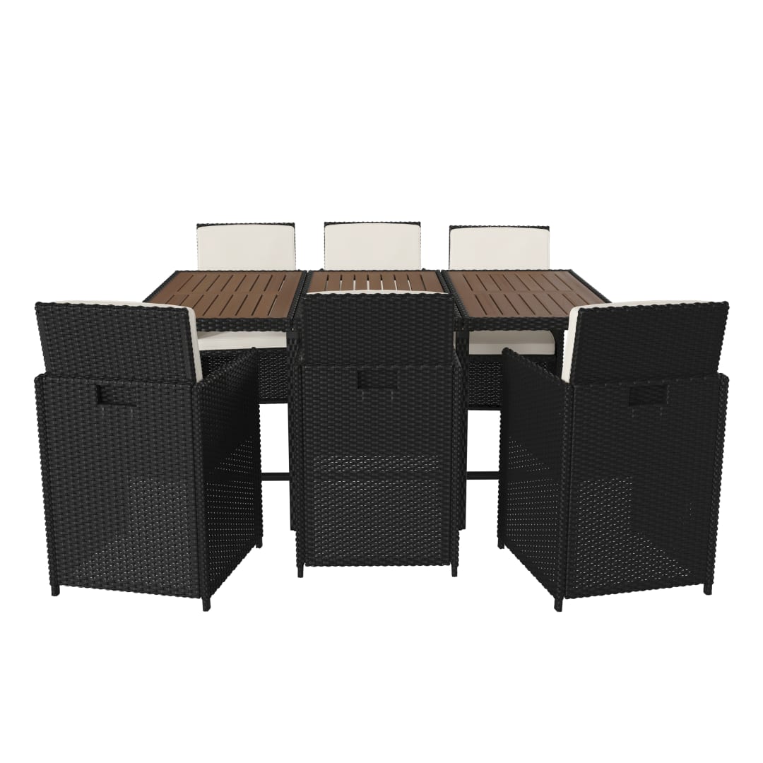 Peregrine 7 Piece Outdoor Patio Dining Set, Space Saving Black Wicker Modular Chairs-Cream Cushions & Natural Acacia Wood Table Top