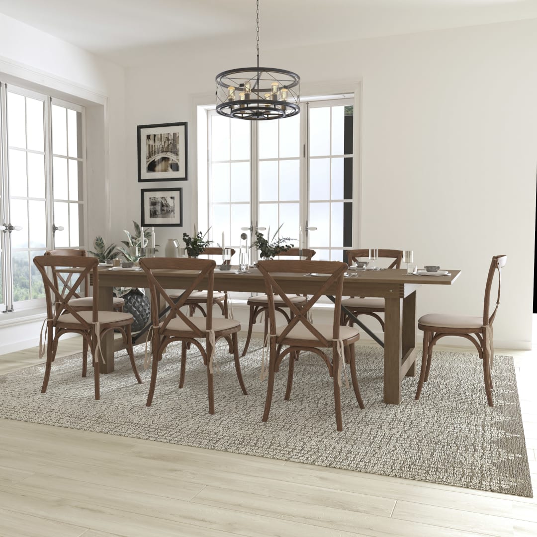 HERCULES Series 9' x 40'' Antique Rustic Folding Farm Table Set with 8 Cross Back Chairs and Cushions
