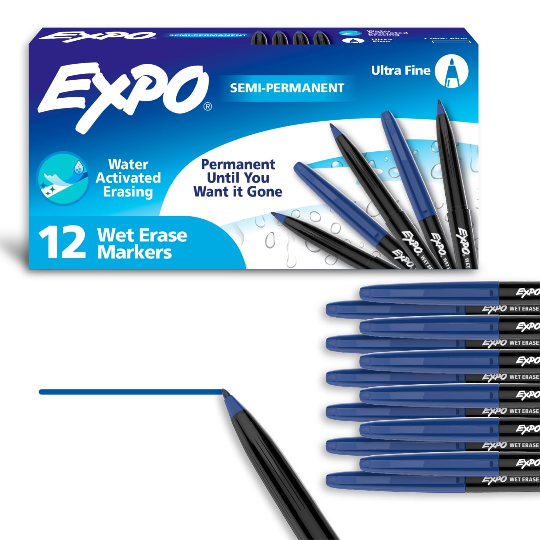 EXPO Wet Erase Markers, Semi-Permanent Markers, Blue, Ultra Fine Tip, 12 Count