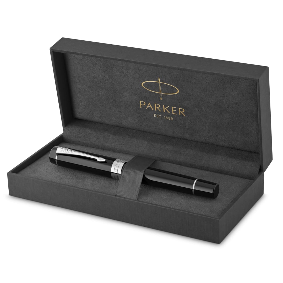 Parker Duofold Centennial Fountain Pen, Classic Black with Palladium Trim, Medium Solid Gold Nib, Black Ink and Convertor