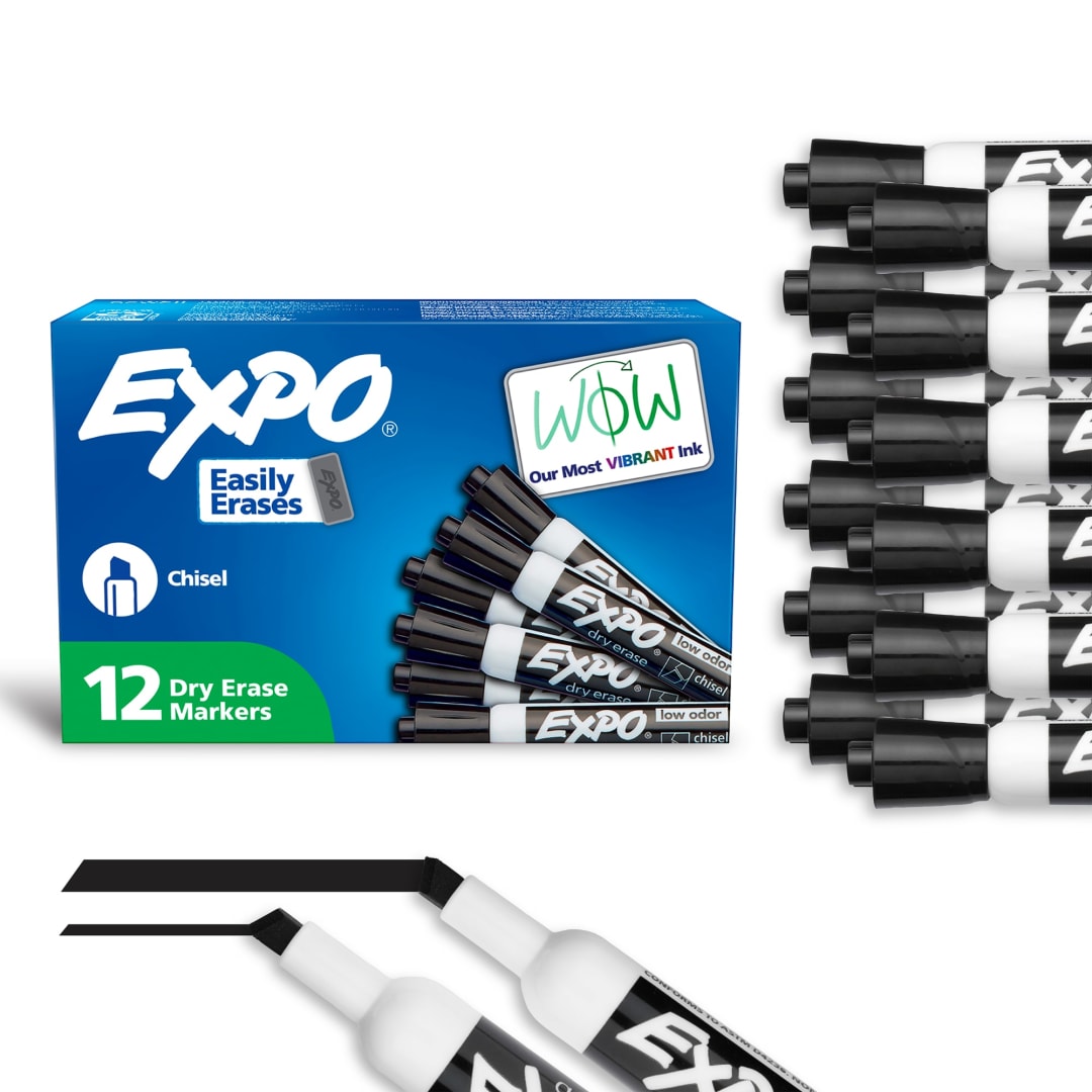 EXPO Dry Erase Markers, Low Odor Ink, Black, Chisel Tip, 12 Count