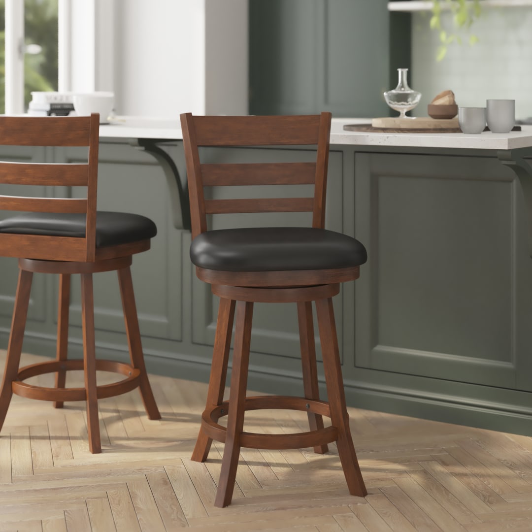 Zerrick Commercial Grade Wood Classic Ladderback Swivel Counter Height Barstool with Padded Black LeatherSoft Seat, Antique Oak