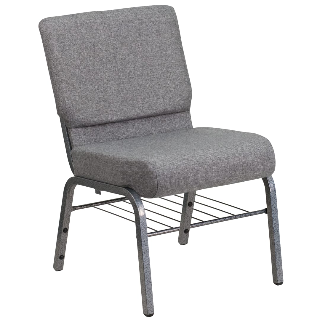 HERCULES Series 21''W Church Chair in Gray Fabric with Book Rack - Silver Vein Frame