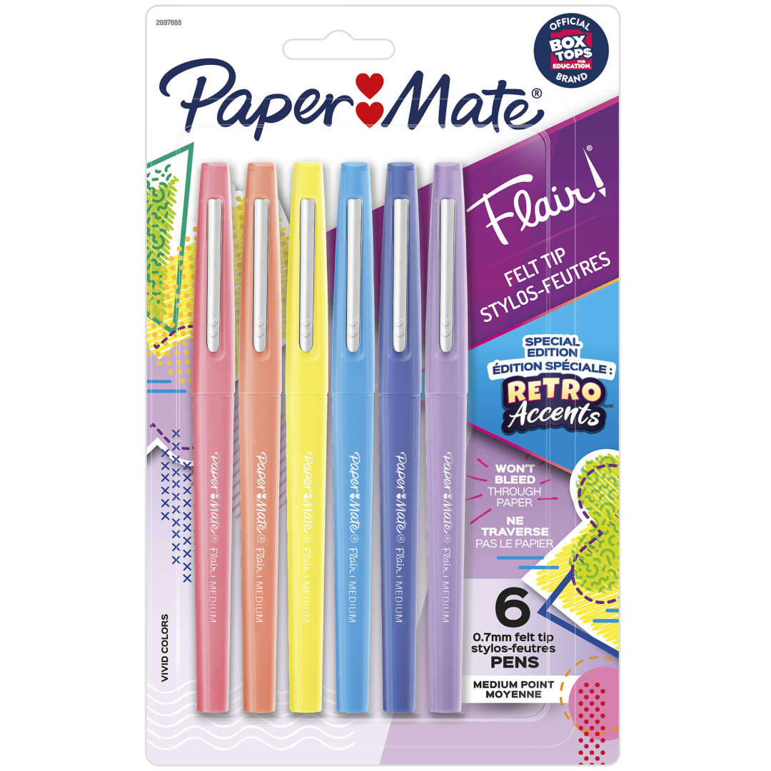 Paper Mate® Flair® Felt Tip Pens, Medium Point, Assorted, Special Edition Retro Accents, 6 Pack