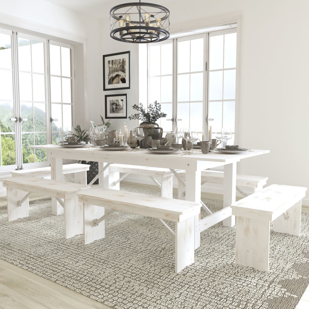 HERCULES Series 8' x 40" Antique Rustic White Folding Farm Table and Six Bench Set