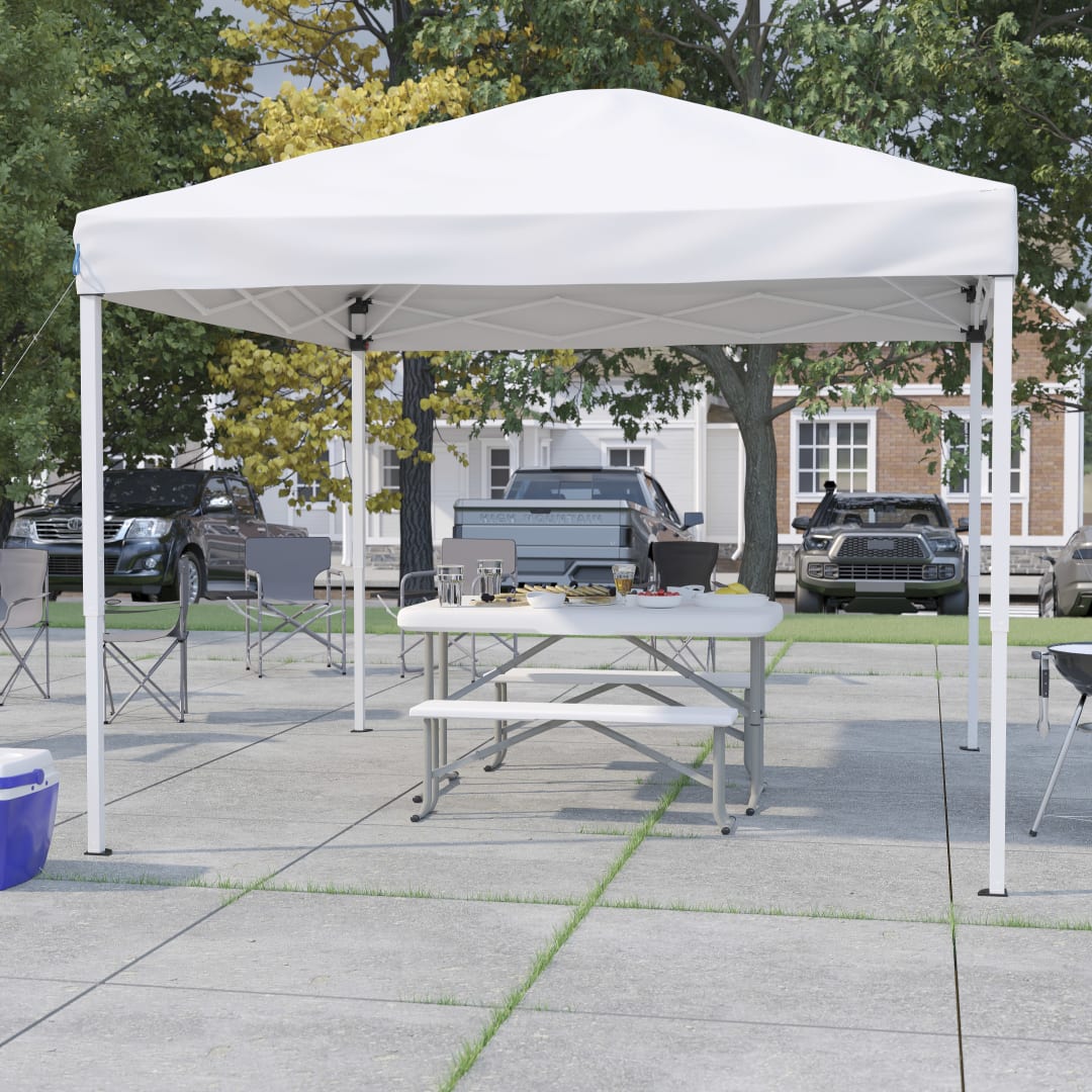Knox 10'x10' White Pop Up Event Canopy Tent with Carry Bag and Folding Bench Set - Portable Tailgate, Camping, Event Set