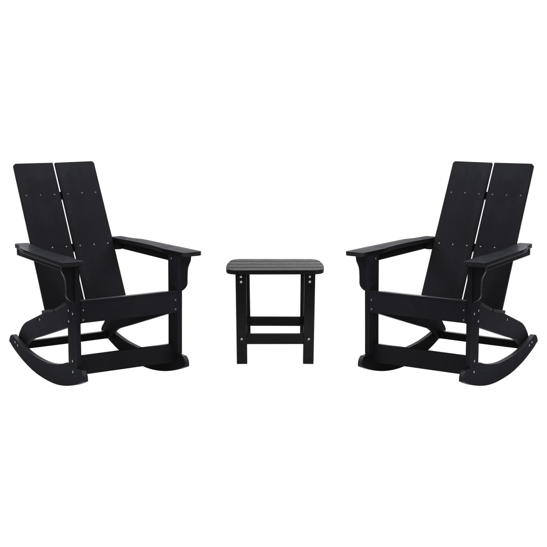 Set of 2 Black Finn Modern Commercial Grade All-Weather 2-Slat Poly Resin Rocking Adirondack Chairs with Matching Side Table
