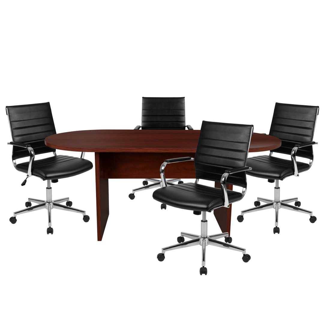 Lake 5 Piece Mahogany Oval Conference Table Set with 4 Black LeatherSoft Ribbed Executive Chairs