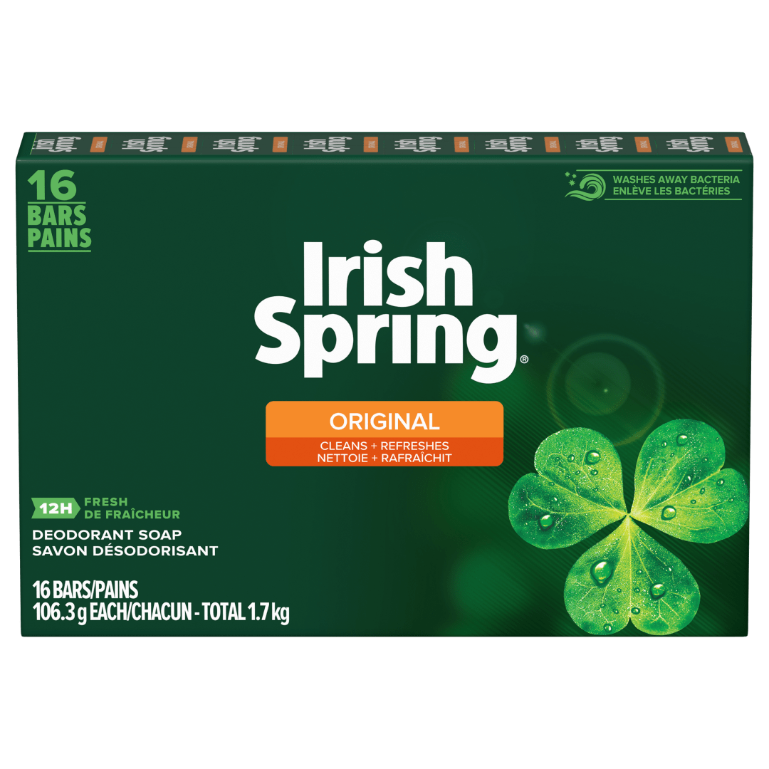 Irish Spring Original Mens Deodorant Bar Soap, Body and Hand Soap Bar Washes Away Bacteria, 16g, 16 Bars