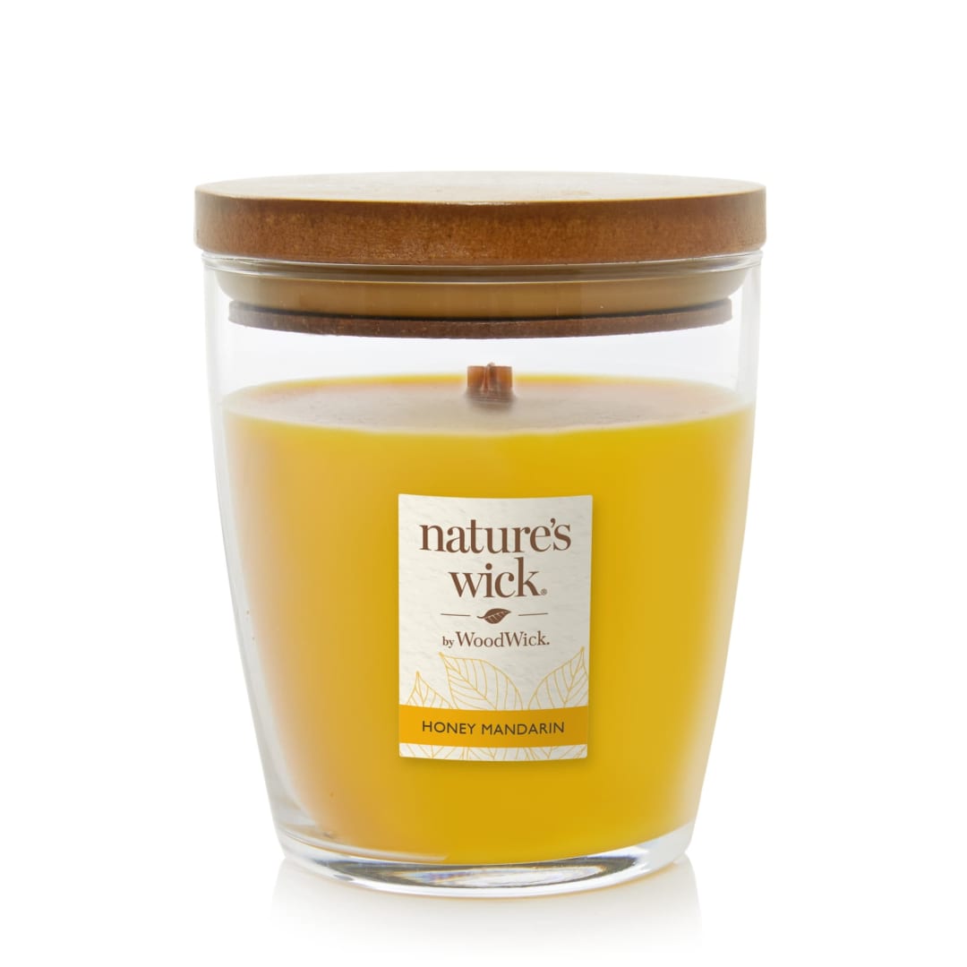 WoodWick® Nature's Wick Honey Mandarin Scented Candle, 10oz with Wooden Lid, Crackles at it Burns, Fall