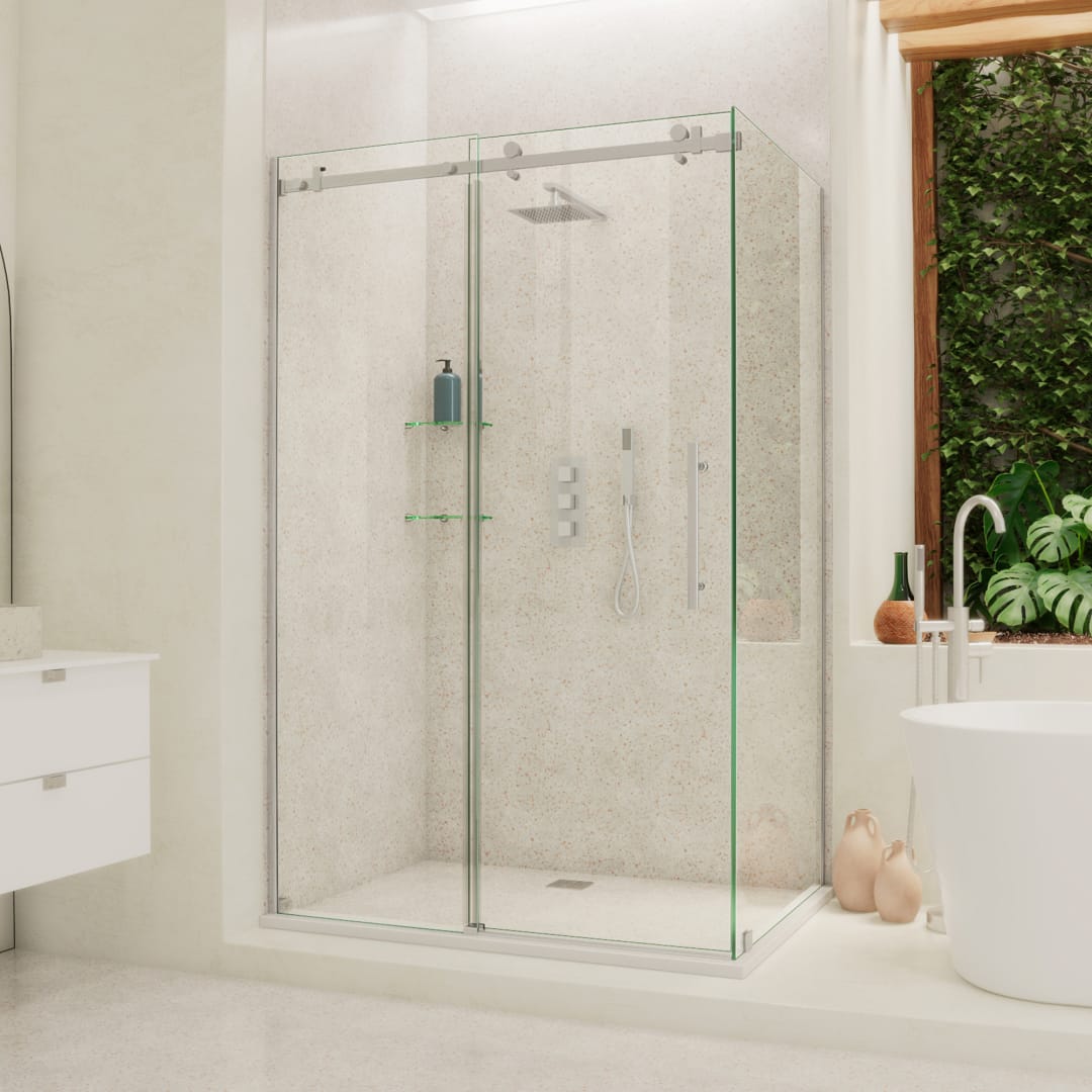 DreamLine Enigma Air 34 3/4 inch D x 48 3/8 inch W x 76 inch H Frameless Sliding Shower Enclosure in Polished Stainless Steel