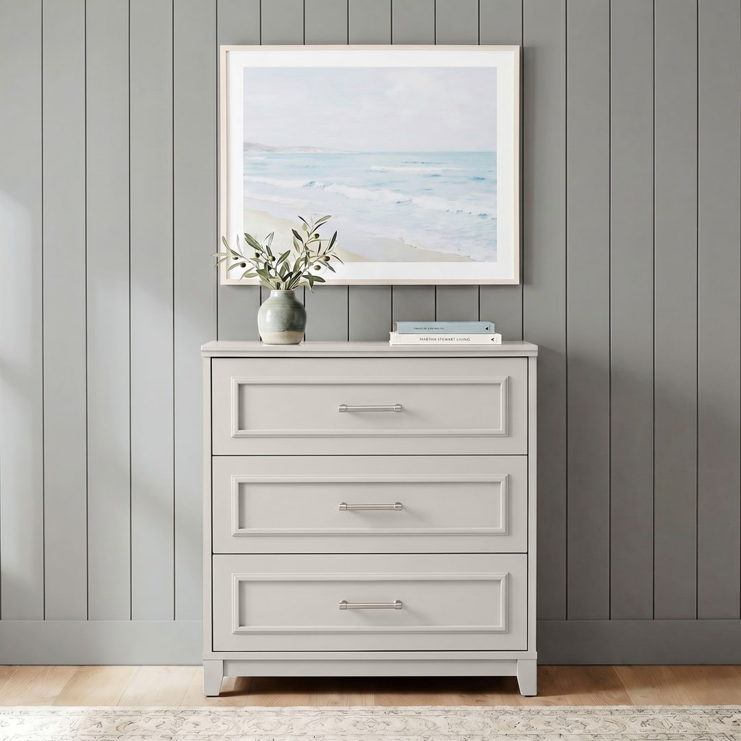 Lily Pond Modular 3-Drawer Wooden Storage Media Cabinet with Brushed Stainless Steel Hardware, Solid Wood Frame and Legs, Sharkey Gray