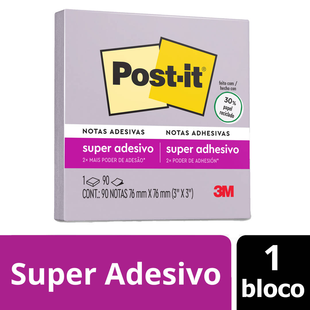 Bloco de Notas Super Adesivas Post-it®, Lilás, 76 mm x 76 mm, 90 Folhas