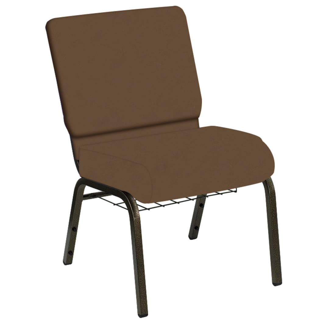 HERCULES Series 21''W Church Chair in E-Z Oxen Brown Vinyl with Book Rack - Gold Vein Frame