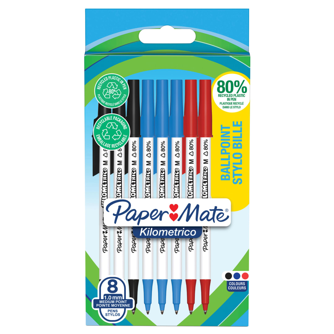 Paper Mate Kilométrico Bolígrafos | Escritura Larga con punta mediana (1,0mm) | Tinta negraazul y roja | 80% plástico reciclado | 8 unidades