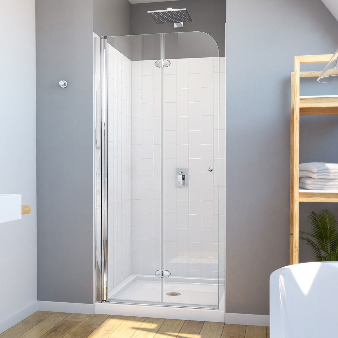DreamLine Aqua Fold 32 inch D x 32 inch W x 78 3/4 inch H Frameless Bi-fold Shower Door in Chrome, Shower Base, and Wall Kit in White