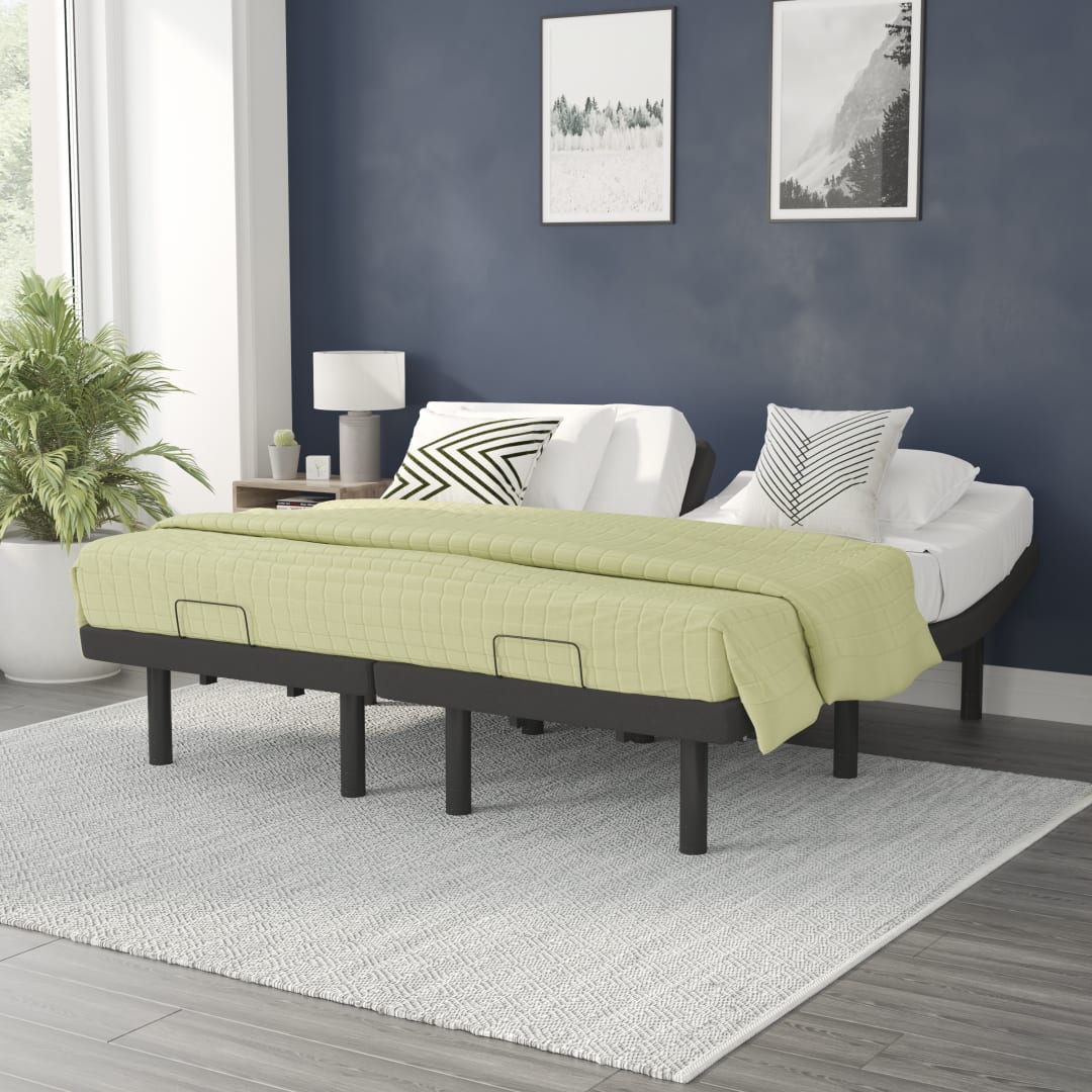 Selene Adjustable Upholstered Bed Base with Wireless Remote, Three Leg Heights, &amp; Independent Head/Foot Incline -Twin XL - Black