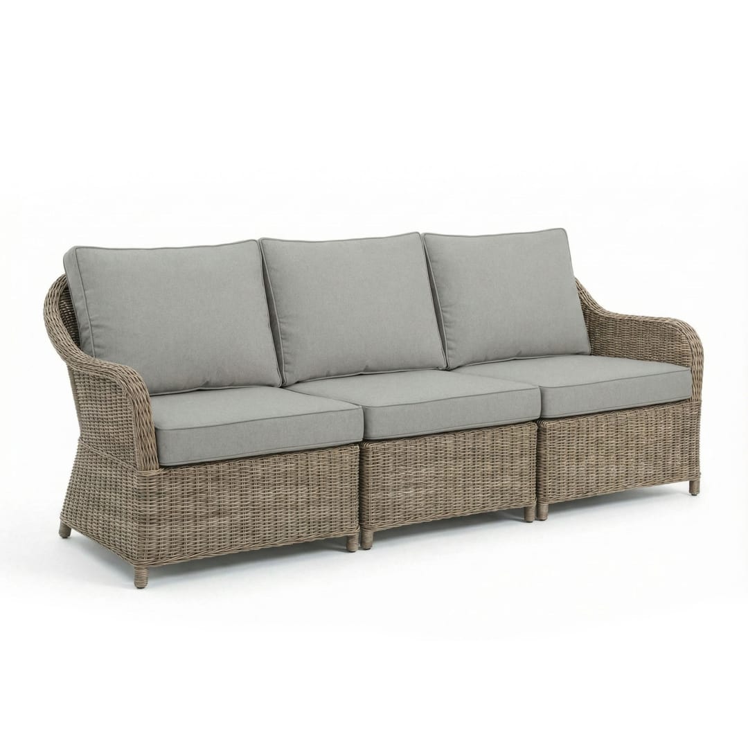 Lily Pond Indoor-Outdoor 3-Seat Modular Patio Sofa in Weathered Gray Rattan Wicker with Gray All-Weather Cushions