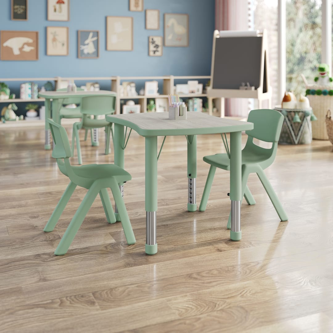 Emmy 3-Piece Kids Height Adjustable Activity Table Set, 26.5" x 21.75" Light Gray Woodgrain Laminate Top, Sage Frame, 2 Sage Chairs