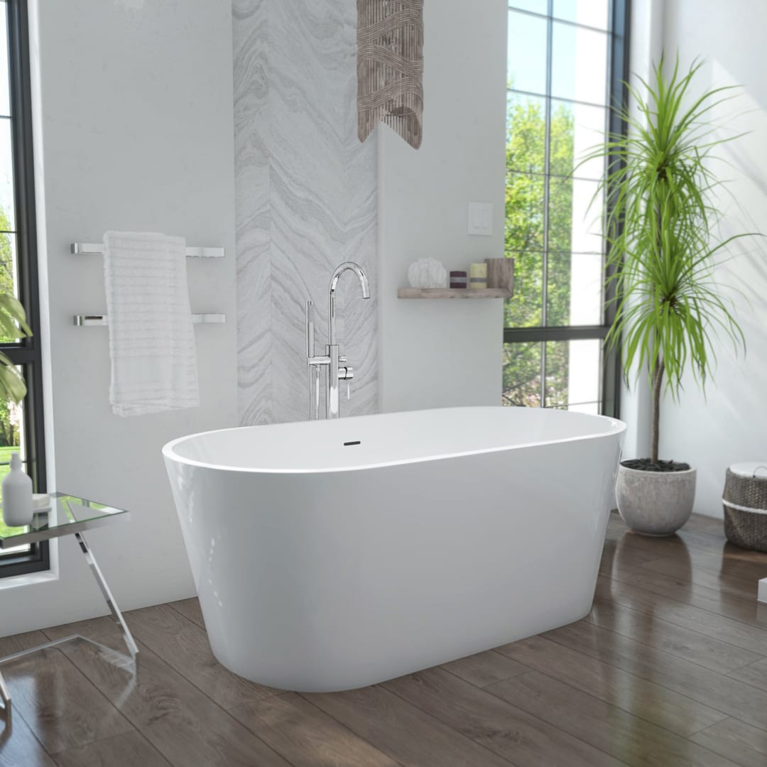 DreamLine Enigma 53 inch L x 29 1/2 inch W x 22 7/8 inch H Freestanding Acrylic Bathtub with Polished Brass Drain