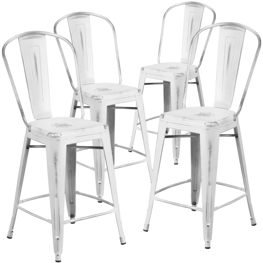 Blake Commercial Grade 4 Pack 24" High Distressed White Metal Indoor-Outdoor Counter Height Stool with Back