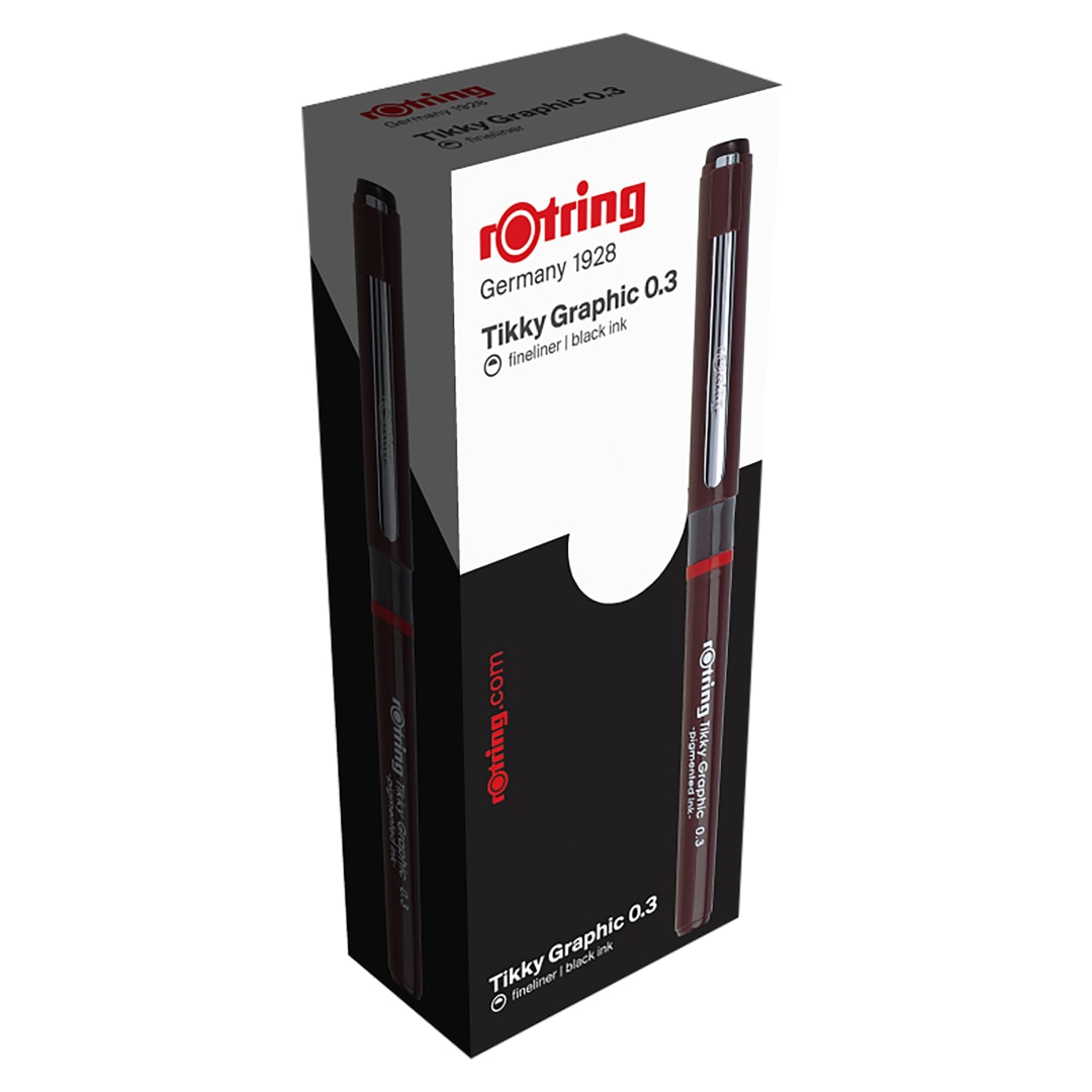 rOtring Tikky Rotulador gráfico de punta de fibra | 0,30 mm | Tinta negra | Cuerpo burdeos | Caja de 12