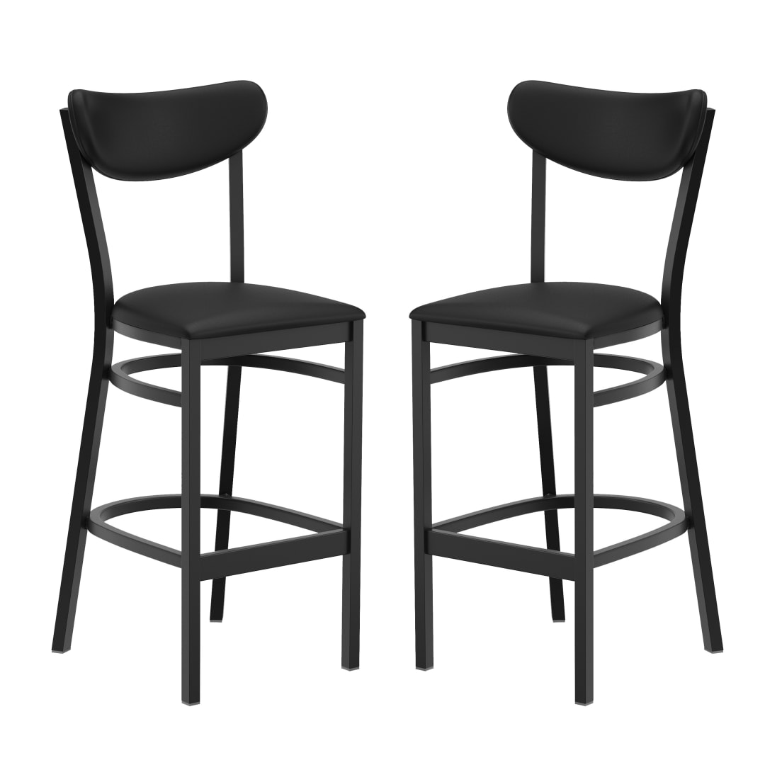 Wright Set of 2 Commercial Barstools with 500 LB. Capacity Black Steel Frame, Black Vinyl Boomerang Back, and Black Vinyl Seat