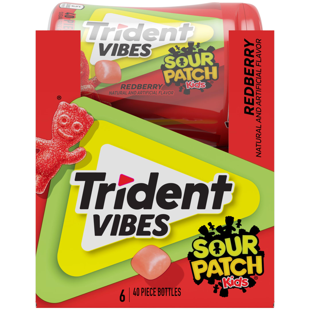 Trident Vibes SOUR PATCH KIDS Sugar Free Chewing Gum Redberry 40 pc Bottles - 6 Pack