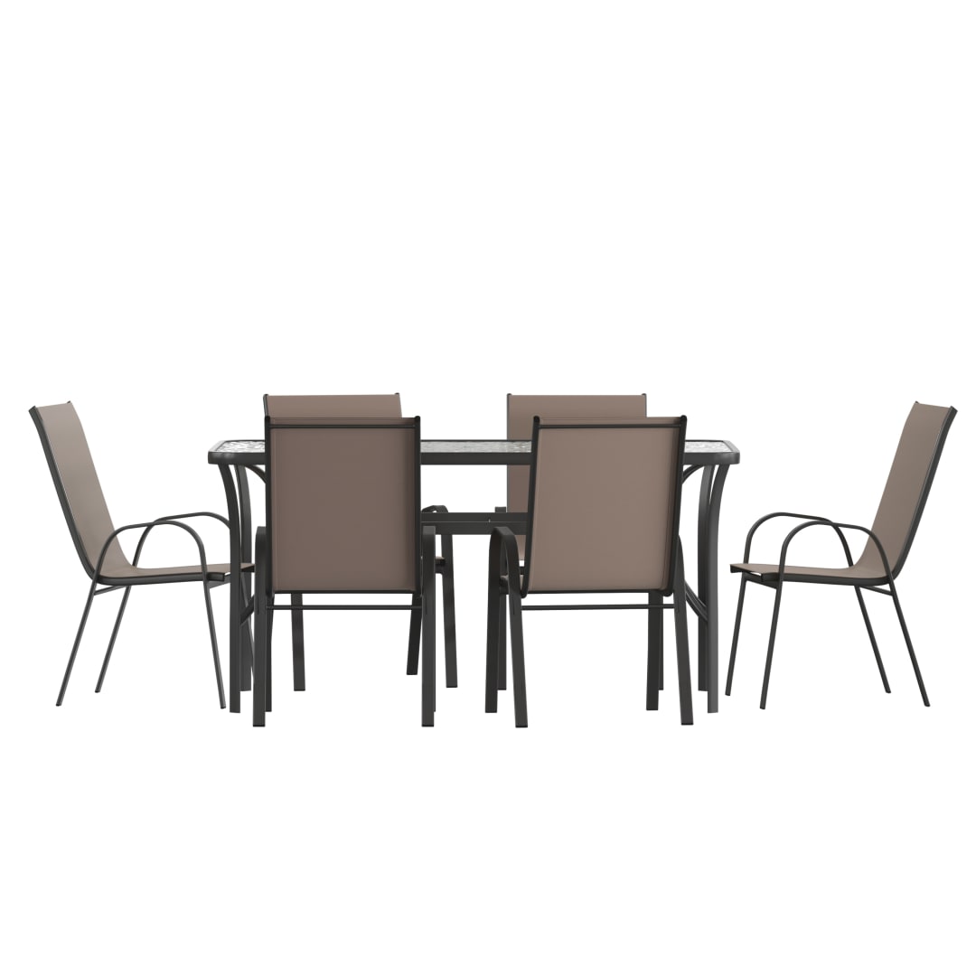 Brazos 7 Piece Commercial Grade Patio Dining Set with Tempered Glass Patio Table and 6 Chairs with Brown Flex Comfort Material Seats and Backs