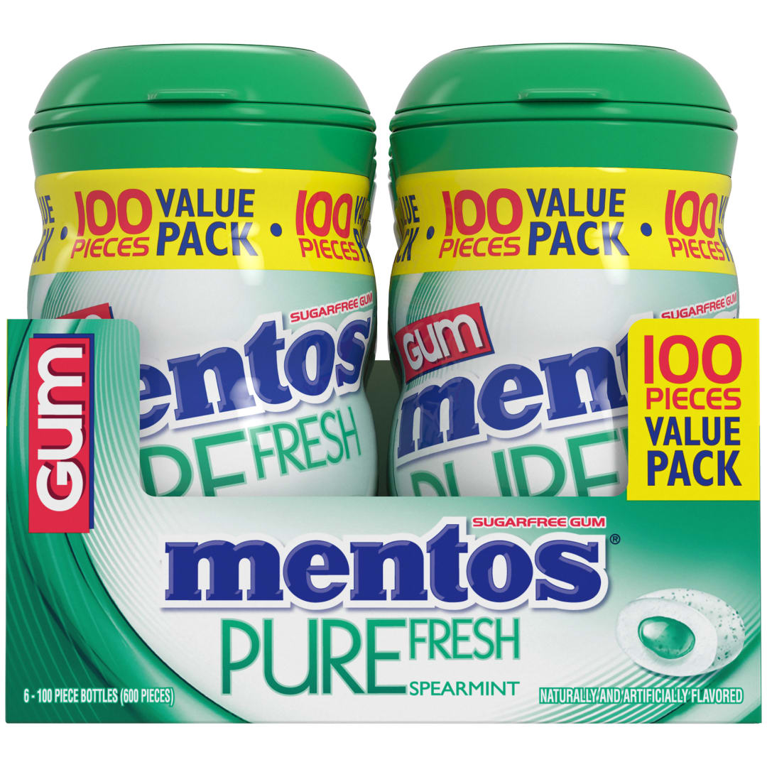 Mentos Gum Pure Fresh Sugar Free Chewing Gum Spearmint 100 pc XL Curvy Bottles - 6 Pack